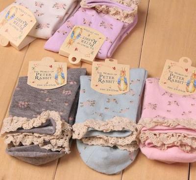 滿包郵新款襪子 花邊碎花彼得兔精梳棉中筒女襪子 5色